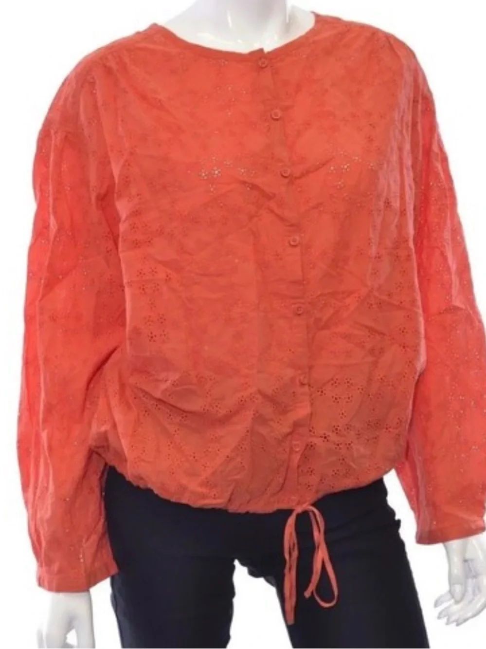 Free People Coral Orange Eyelet Button-Front Drawstring Blouse